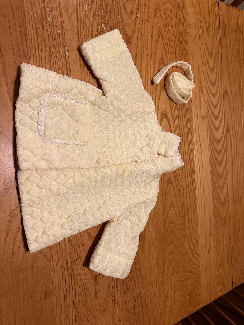 Vintage 50s Pastel Yellow Quilted Infant Jacket Robe with Matching Belt Lace 6M